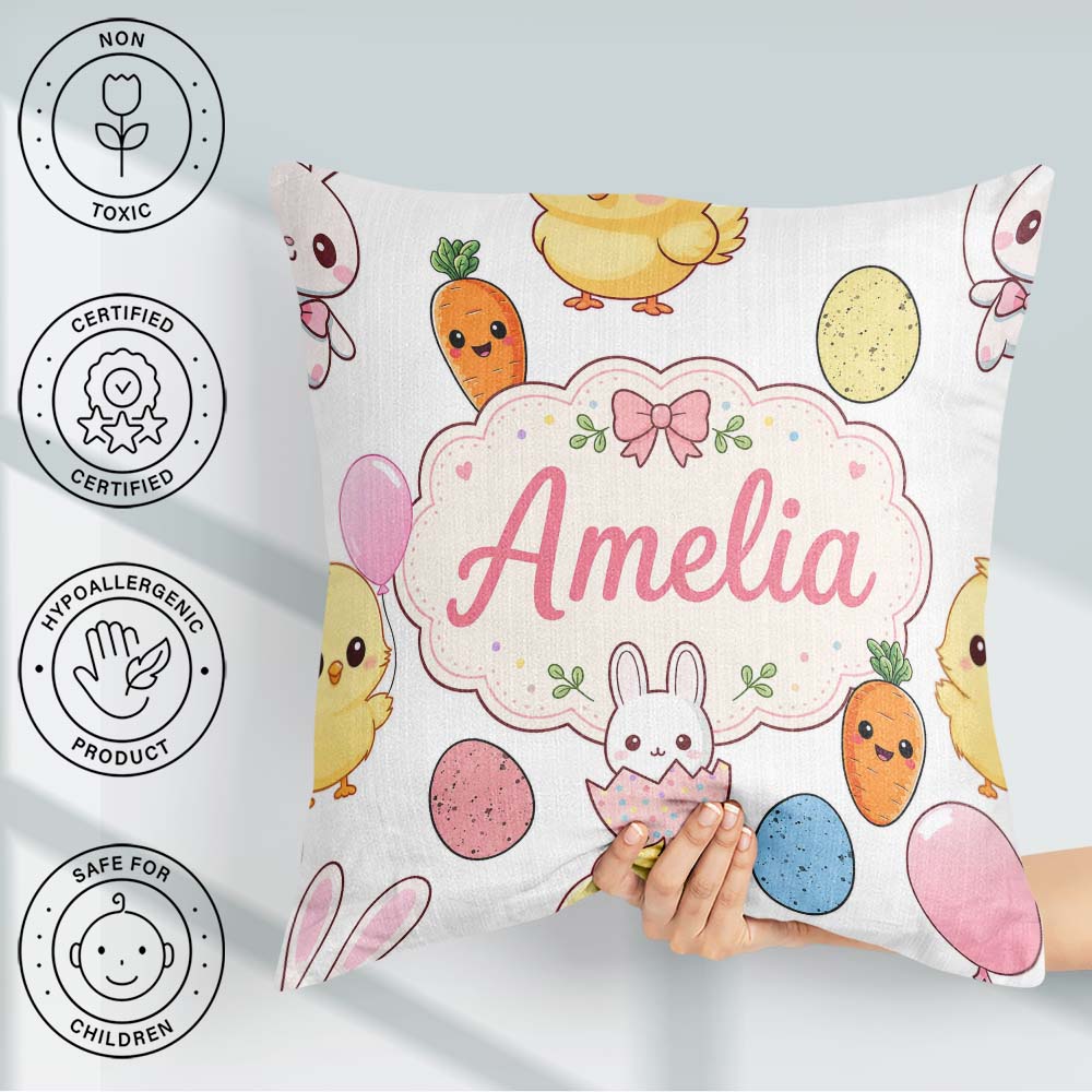 Custom Name Cute Easter Bunny Chick Eggs Polka Dot Seamless Grey Square Filled Cushion Throw Pillow Sofa Bed Home Decor Zip Washable UK Made