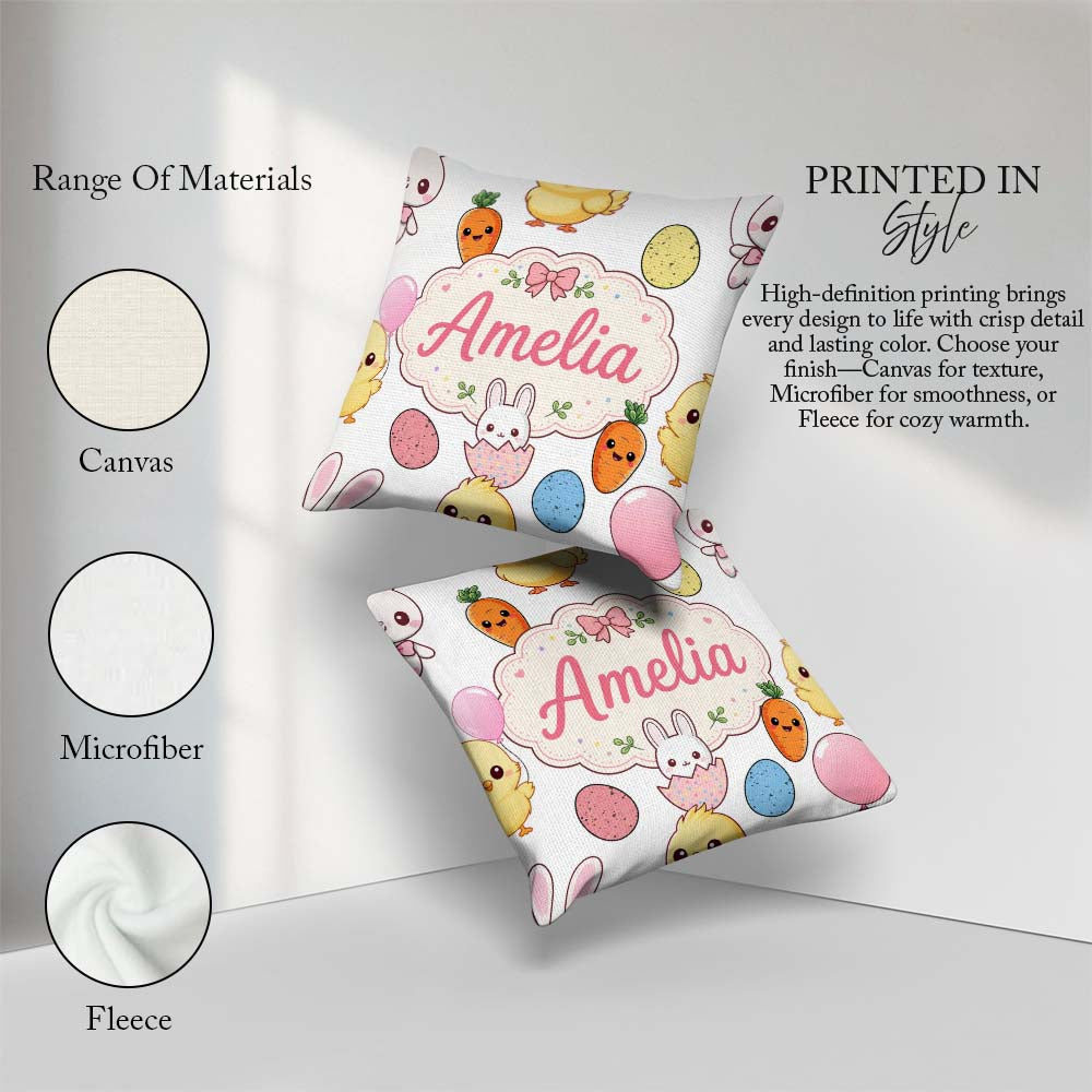 Custom Name Cute Easter Bunny Chick Eggs Polka Dot Seamless Grey Square Filled Cushion Throw Pillow Sofa Bed Home Decor Zip Washable UK Made