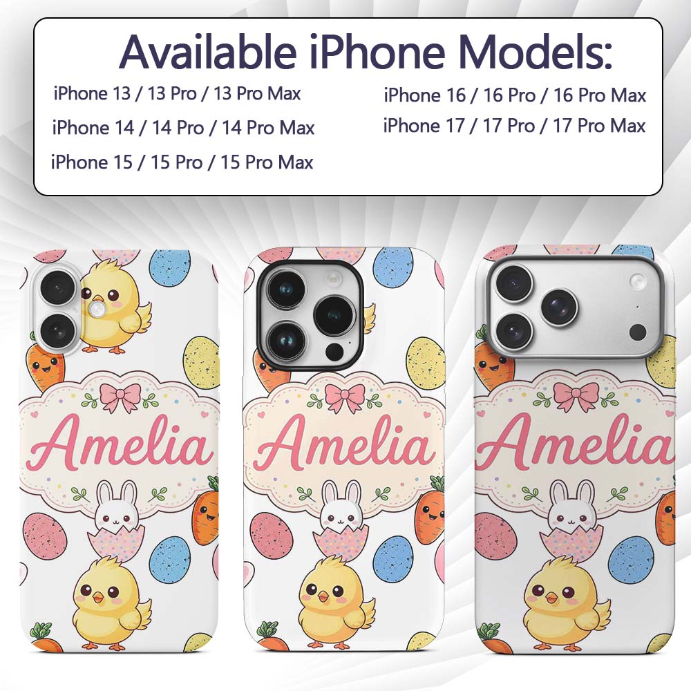 Cute Easter Bunny Chick Carrots Eggs Polka Dot Custom Name Protective Phone Case Mobile Cover Durable Everyday Smartphone Shock Resistant