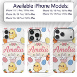 Cute Easter Bunny Chick Carrots Eggs Polka Dot Custom Name Protective Phone Case Mobile Cover Durable Everyday Smartphone Shock Resistant