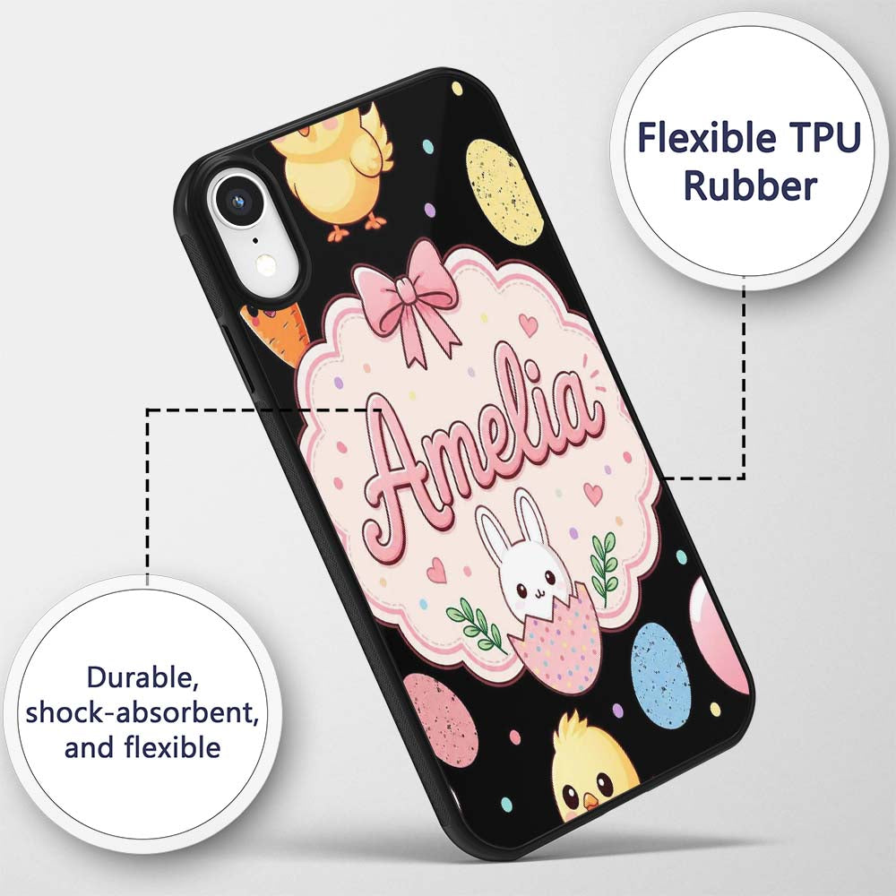 Cute Easter Bunny Chick Carrots Eggs Polka Dot Custom Name Protective Phone Case Mobile Cover Durable Everyday Smartphone Shock Resistant