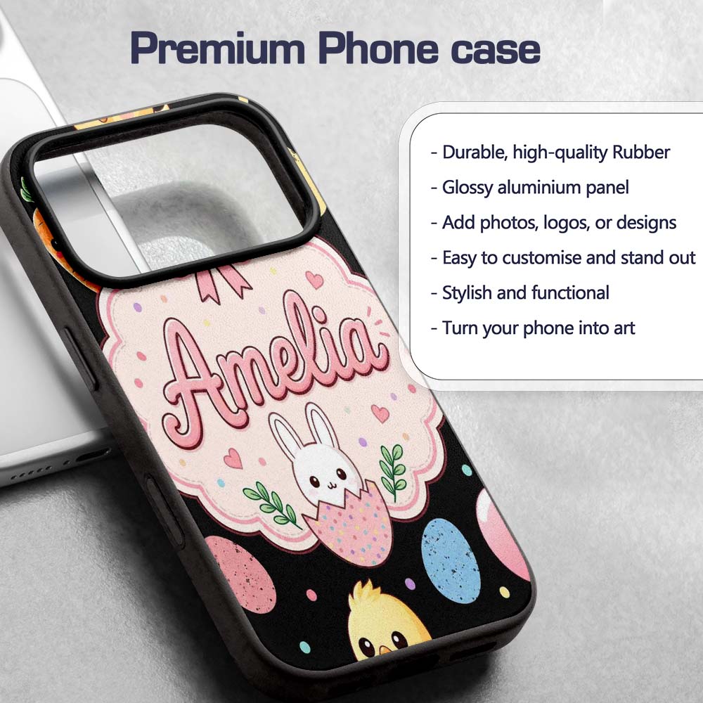 Cute Easter Bunny Chick Carrots Eggs Polka Dot Custom Name Protective Phone Case Mobile Cover Durable Everyday Smartphone Shock Resistant