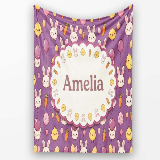 Cute Easter Bunny Chick Carrots Eggs Polka Dot Pattern Purple Lovely  Personalised Custom Name Super Soft Fleece Blanket Bed Sofa Throw