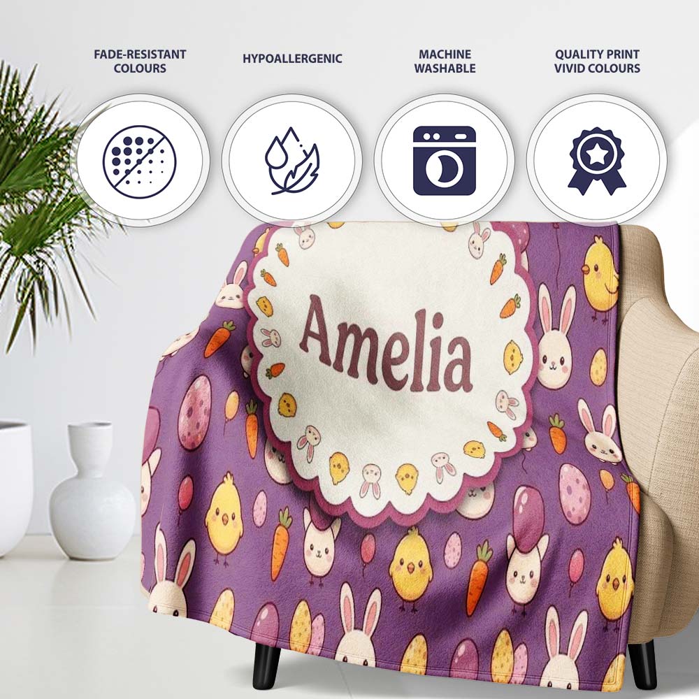 Cute Easter Bunny Chick Carrots Eggs Polka Dot Pattern Purple Lovely  Personalised Custom Name Super Soft Fleece Blanket Bed Sofa Throw