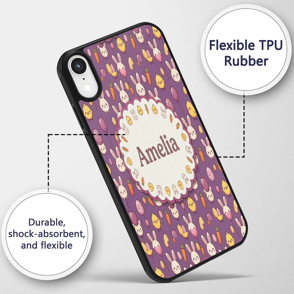 Cute Easter Bunny Chick Carrots Eggs Polka Dot Custom Name Protective Phone Case Mobile Cover Durable Everyday Smartphone Shock Resistant