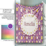 Cute Easter Bunny Chick Carrots Eggs Polka Dot Pattern Purple Lovely  Personalised Custom Name Super Soft Fleece Blanket Bed Sofa Throw