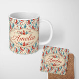 Personalized Custom Name Red and Blue Floral Stripe Pattern on Textured Neutral Background 11oz Ceramic Coffee Tea Mug White Large Handle