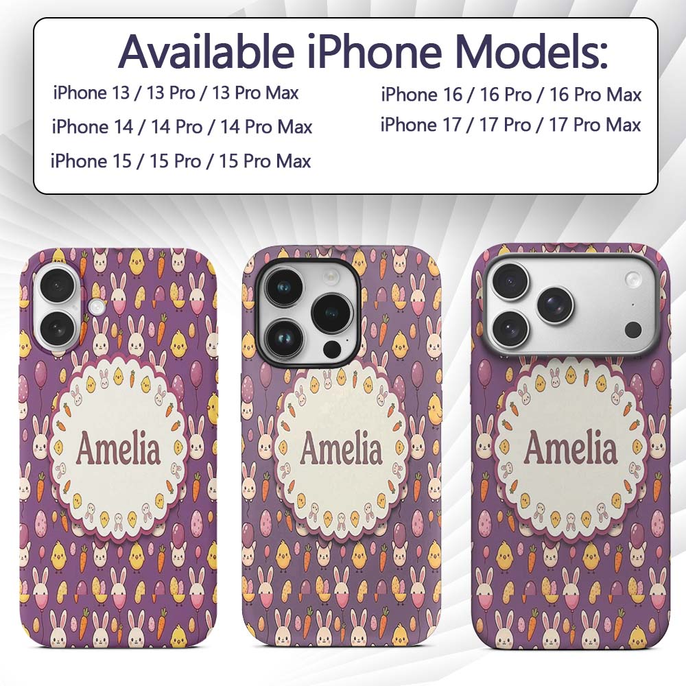 Cute Easter Bunny Chick Carrots Eggs Polka Dot Custom Name Protective Phone Case Mobile Cover Durable Everyday Smartphone Shock Resistant