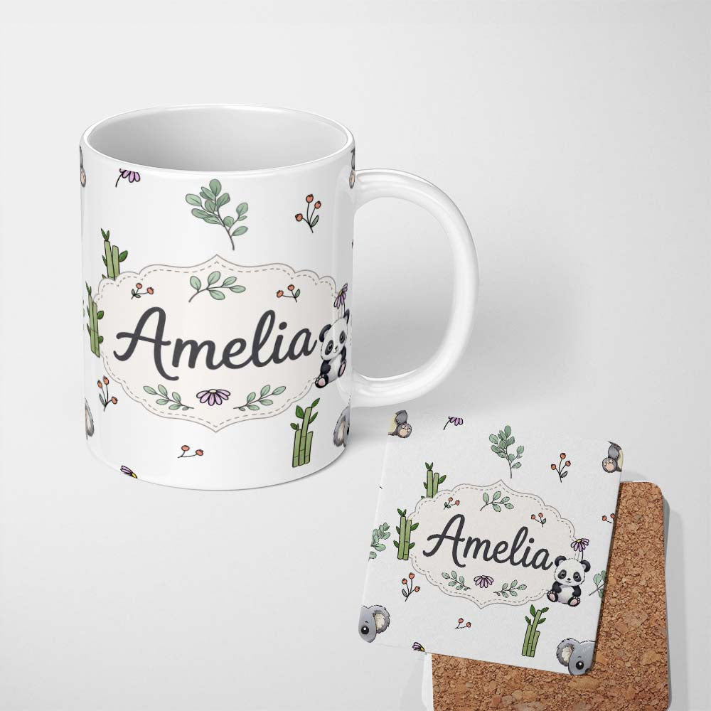 Personalized Custom Name Cute Panda Bear with Bamboo Leaves Floral Pattern Light Grey Lovely 11oz Ceramic Coffee Tea Mug White Large Handle