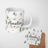 Personalized Custom Name Cute Panda Bear with Bamboo Leaves Floral Pattern Light Grey Lovely 11oz Ceramic Coffee Tea Mug White Large Handle
