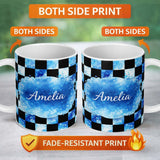 Personalized Custom Name Abstract Blue Bubble Checkered Seamless Pattern Stylish Everyday Mug 11oz Ceramic Coffee Tea Mug White Large Handle