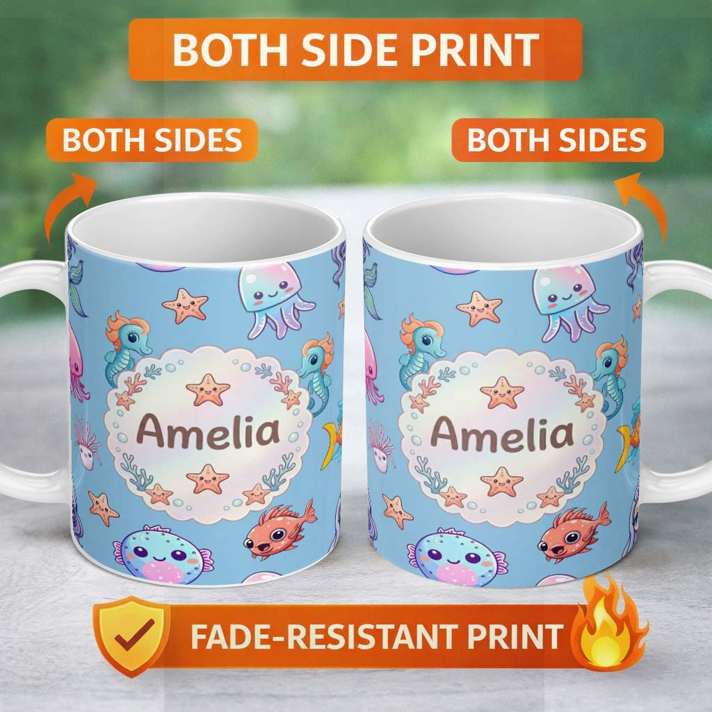 Personalized Custom Name Cute Kawaii Mermaid Seahorse Jellyfish and Starfish Blue Background 11oz Ceramic Coffee Tea Mug White Large Handle