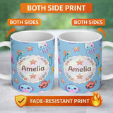 Personalized Custom Name Cute Kawaii Mermaid Seahorse Jellyfish and Starfish Blue Background 11oz Ceramic Coffee Tea Mug White Large Handle