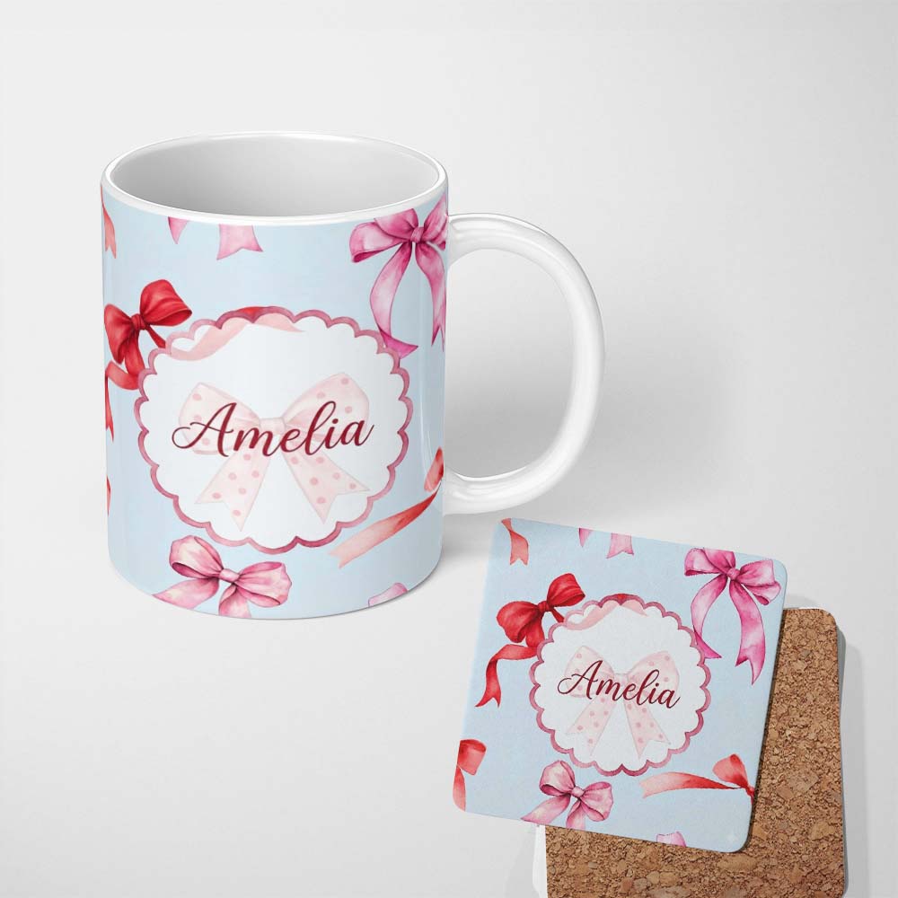 Personalized Custom Name Watercolor Red and Pink Ribbon Bows Soft Blue Background Cute Girly 11oz Ceramic Coffee Tea Mug White Large Handle