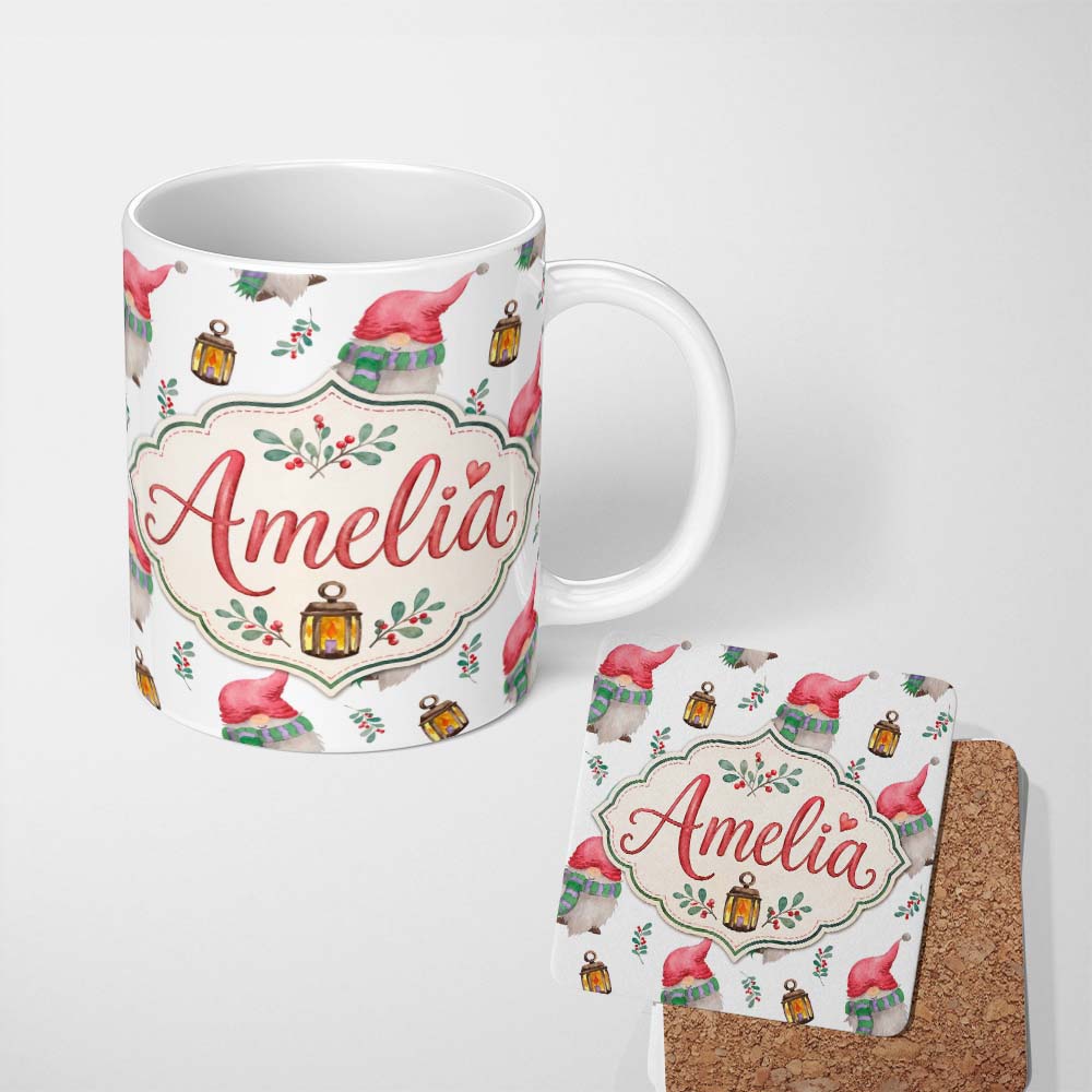 Personalized Custom Name Cute Christmas Gnome Lantern Holly Berry Winter Seamless Pattern 11oz Ceramic Coffee Tea Mug White Large Handle
