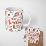 Personalized Custom Name Cute Christmas Gnome Lantern Holly Berry Winter Seamless Pattern 11oz Ceramic Coffee Tea Mug White Large Handle