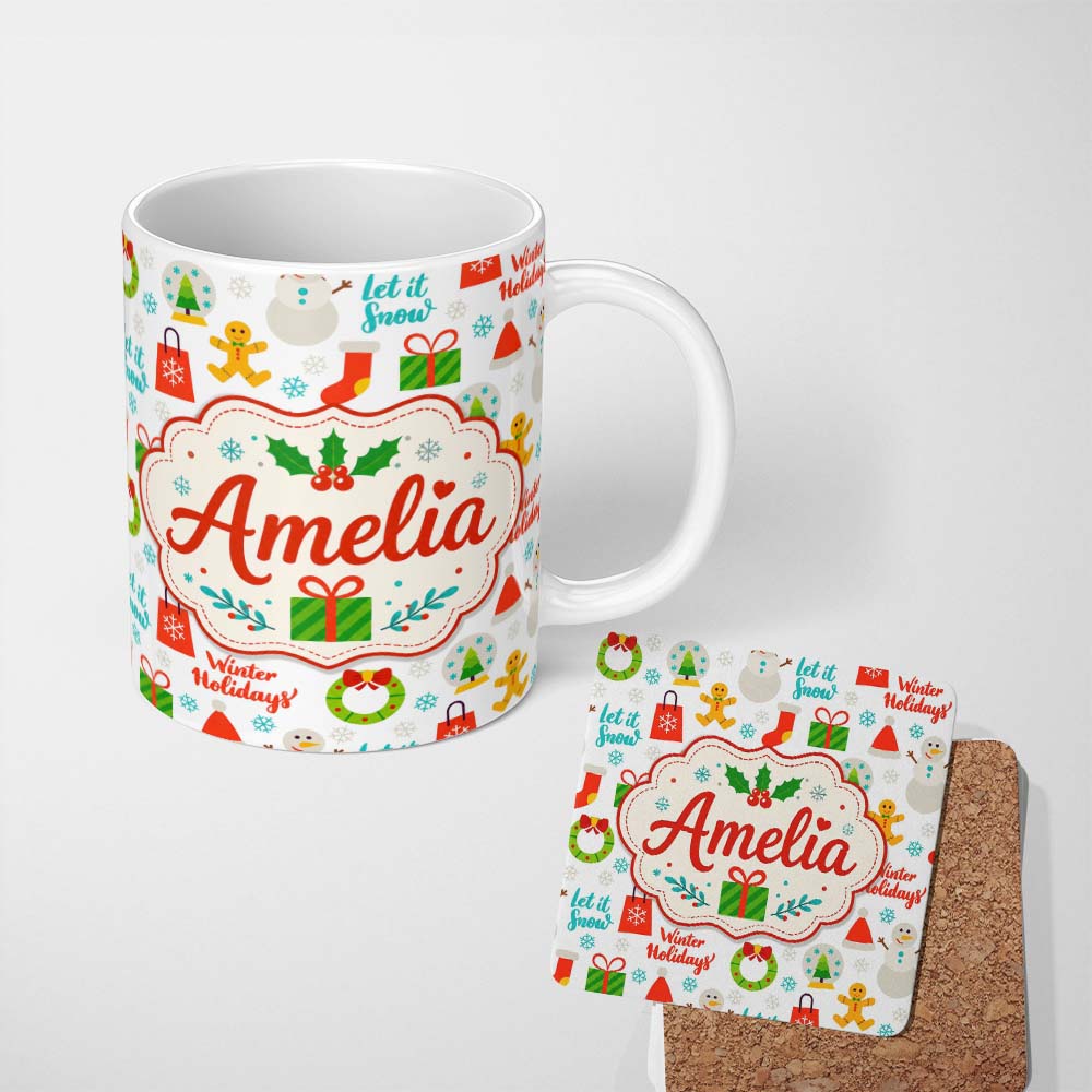 Personalized Custom Name Winter Holidays Snowman Gift Bag Gingerbread Seamless Pattern Lovely 11oz Ceramic Coffee Tea Mug White Large Handle