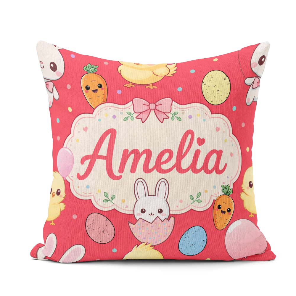 Custom Name Cute Bunny Chick Carrots Eggs Polka Dot Seamless Red Square Filled Cushion Throw Pillow Sofa Bed Home Decor Zip Washable UK Made