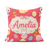 Custom Name Cute Bunny Chick Carrots Eggs Polka Dot Seamless Red Square Filled Cushion Throw Pillow Sofa Bed Home Decor Zip Washable UK Made
