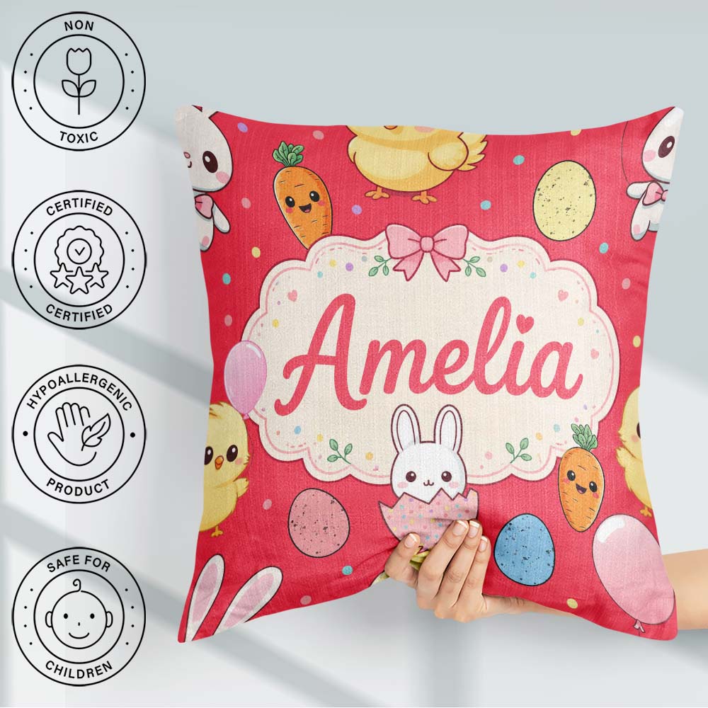 Custom Name Cute Bunny Chick Carrots Eggs Polka Dot Seamless Red Square Filled Cushion Throw Pillow Sofa Bed Home Decor Zip Washable UK Made