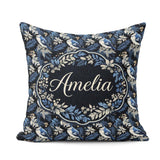 Custom Name Blue Jay Bird Dark Botanical Leaves Seamless Pattern Square Filled Cushion Throw Pillow Sofa Bed Home Decor Zip Washable UK Made