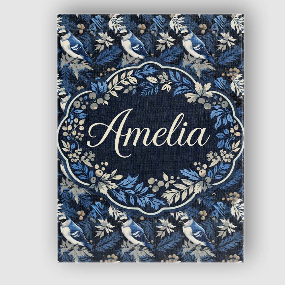 Personalised Name Blue Jay Bird Dark Botanical Leaves Berry Seamless Custom  Home Canvas Wall Art Print Decor Picture Ready to Hang