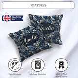 Custom Name Blue Jay Bird Dark Botanical Leaves Seamless Pattern Square Filled Cushion Throw Pillow Sofa Bed Home Decor Zip Washable UK Made