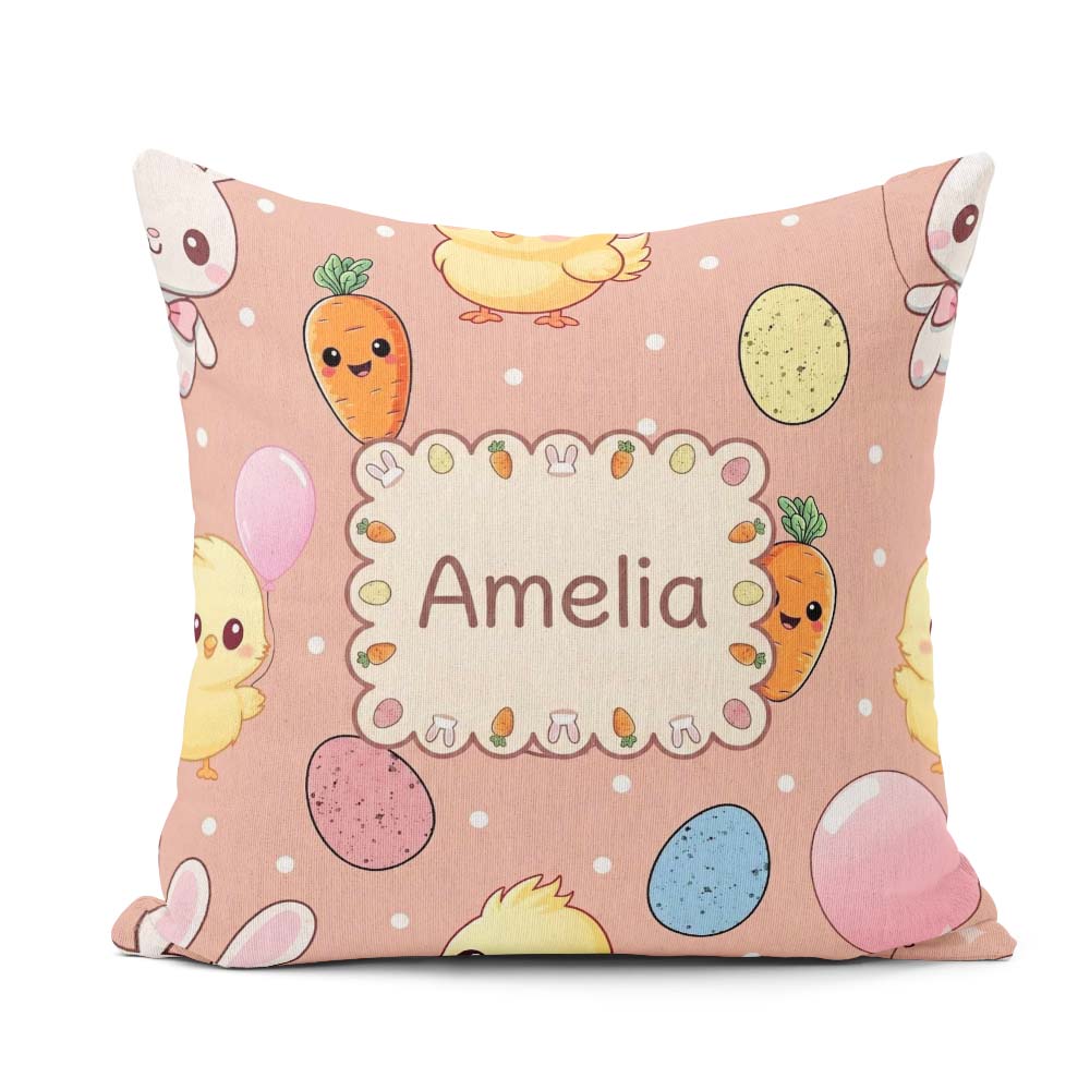 Custom Name Cute Easter Bunny Chick Carrots Eggs Polka Dot Beige Square Filled Cushion Throw Pillow Sofa Bed Home Decor Zip Washable UK Made
