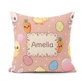 Custom Name Cute Easter Bunny Chick Carrots Eggs Polka Dot Beige Square Filled Cushion Throw Pillow Sofa Bed Home Decor Zip Washable UK Made