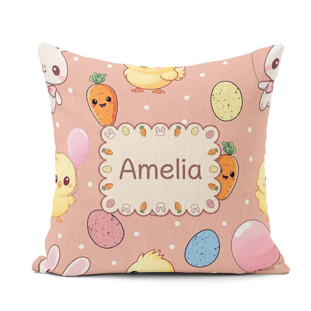 Custom Name Cute Easter Bunny Chick Carrots Eggs Polka Dot Beige Square Filled Cushion Throw Pillow Sofa Bed Home Decor Zip Washable UK Made