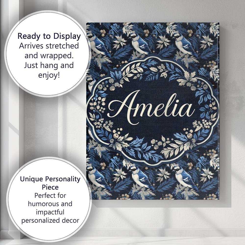 Personalised Name Blue Jay Bird Dark Botanical Leaves Berry Seamless Custom  Home Canvas Wall Art Print Decor Picture Ready to Hang