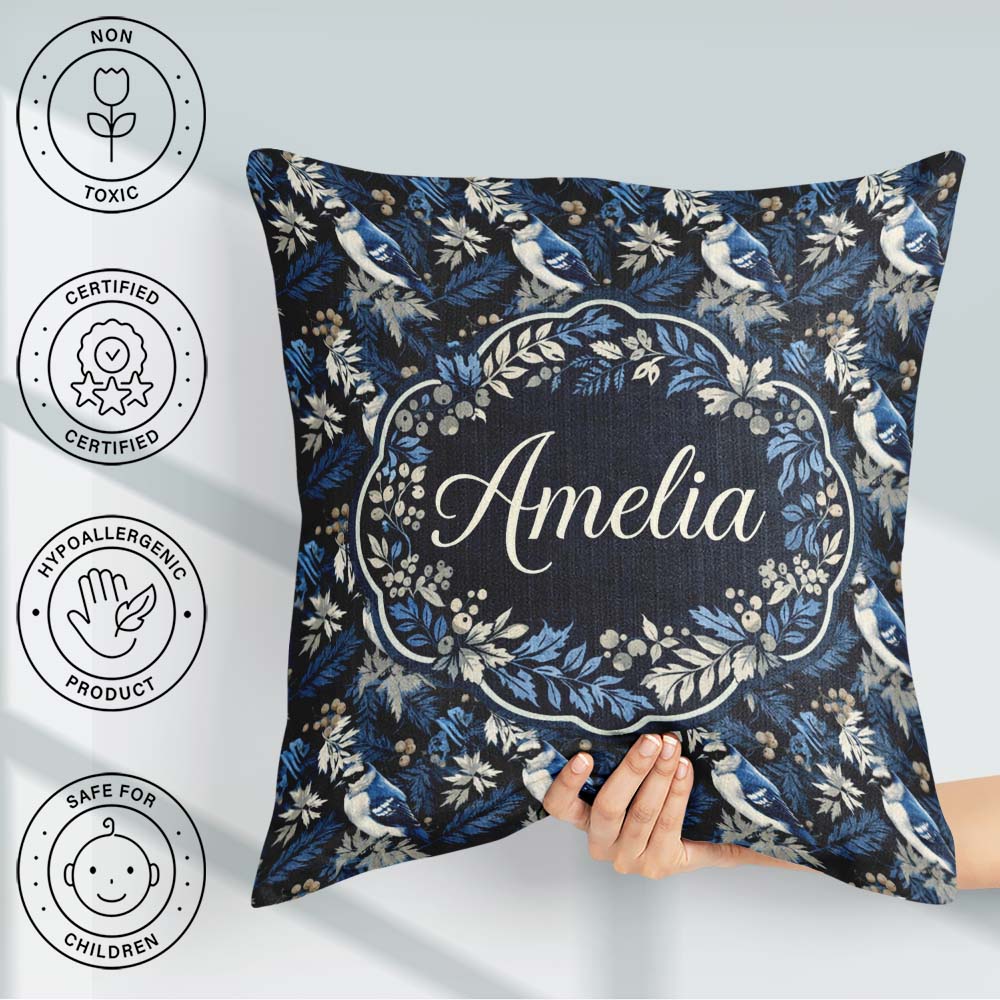 Custom Name Blue Jay Bird Dark Botanical Leaves Seamless Pattern Square Filled Cushion Throw Pillow Sofa Bed Home Decor Zip Washable UK Made