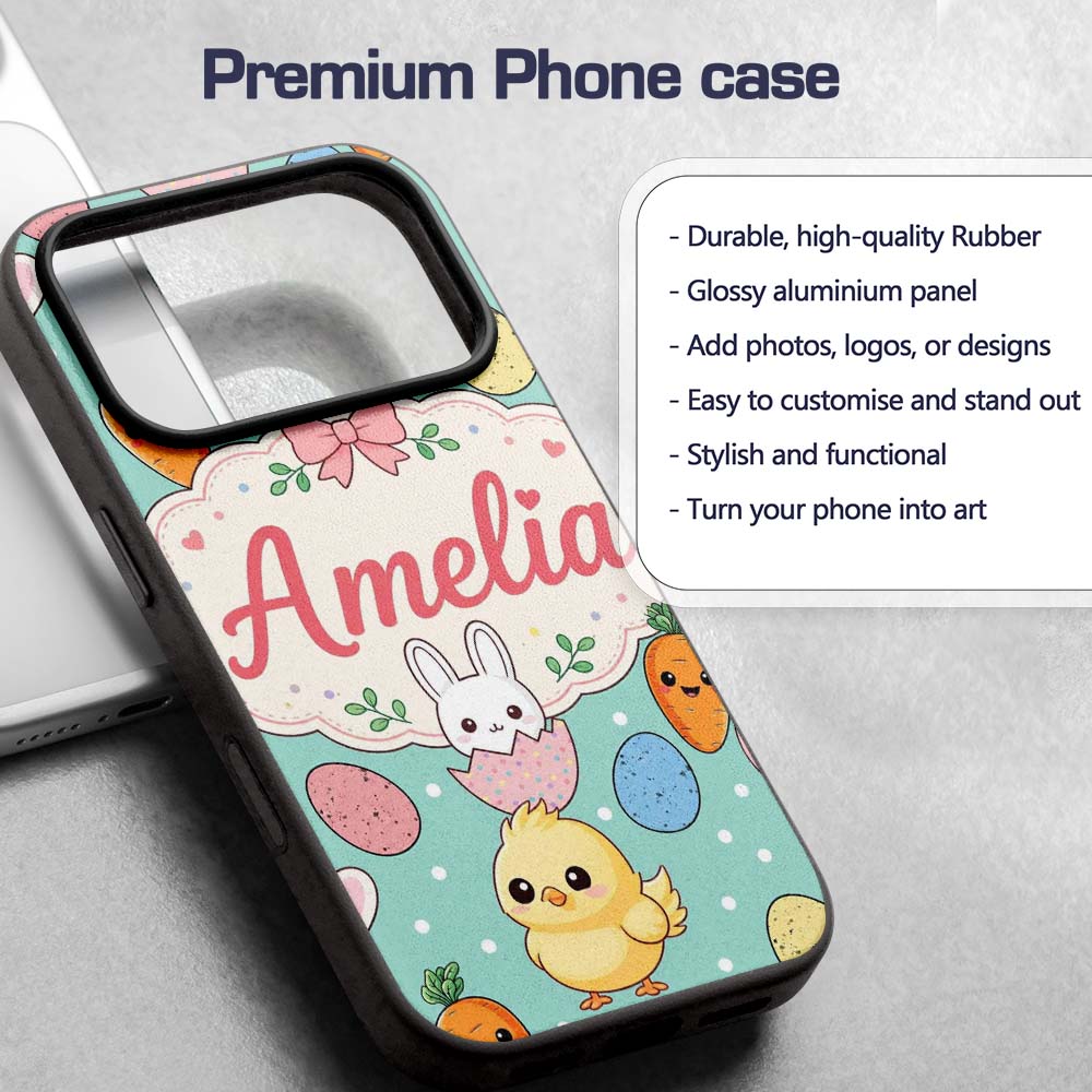 Cute Easter Bunny Chick Carrots Eggs Polka Dot Custom Name Protective Phone Case Mobile Cover Durable Everyday Smartphone Shock Resistant