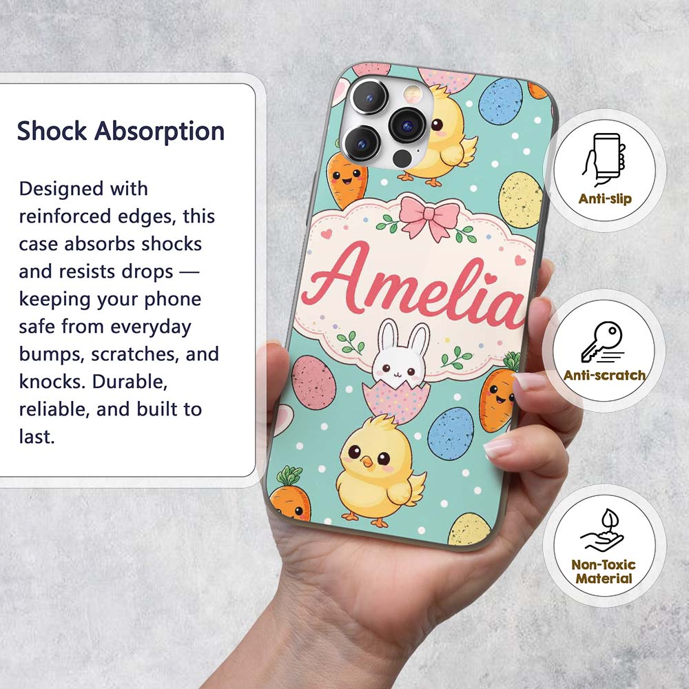Cute Easter Bunny Chick Carrots Eggs Polka Dot Custom Name Protective Phone Case Mobile Cover Durable Everyday Smartphone Shock Resistant