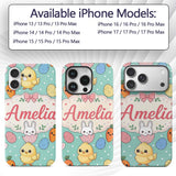 Cute Easter Bunny Chick Carrots Eggs Polka Dot Custom Name Protective Phone Case Mobile Cover Durable Everyday Smartphone Shock Resistant