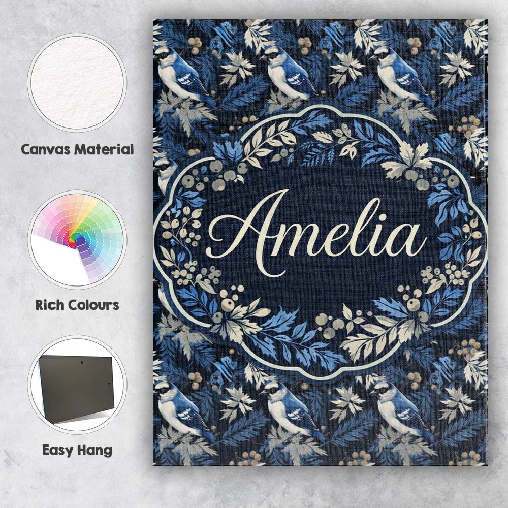 Personalised Name Blue Jay Bird Dark Botanical Leaves Berry Seamless Custom  Home Canvas Wall Art Print Decor Picture Ready to Hang