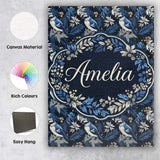 Personalised Name Blue Jay Bird Dark Botanical Leaves Berry Seamless Custom  Home Canvas Wall Art Print Decor Picture Ready to Hang