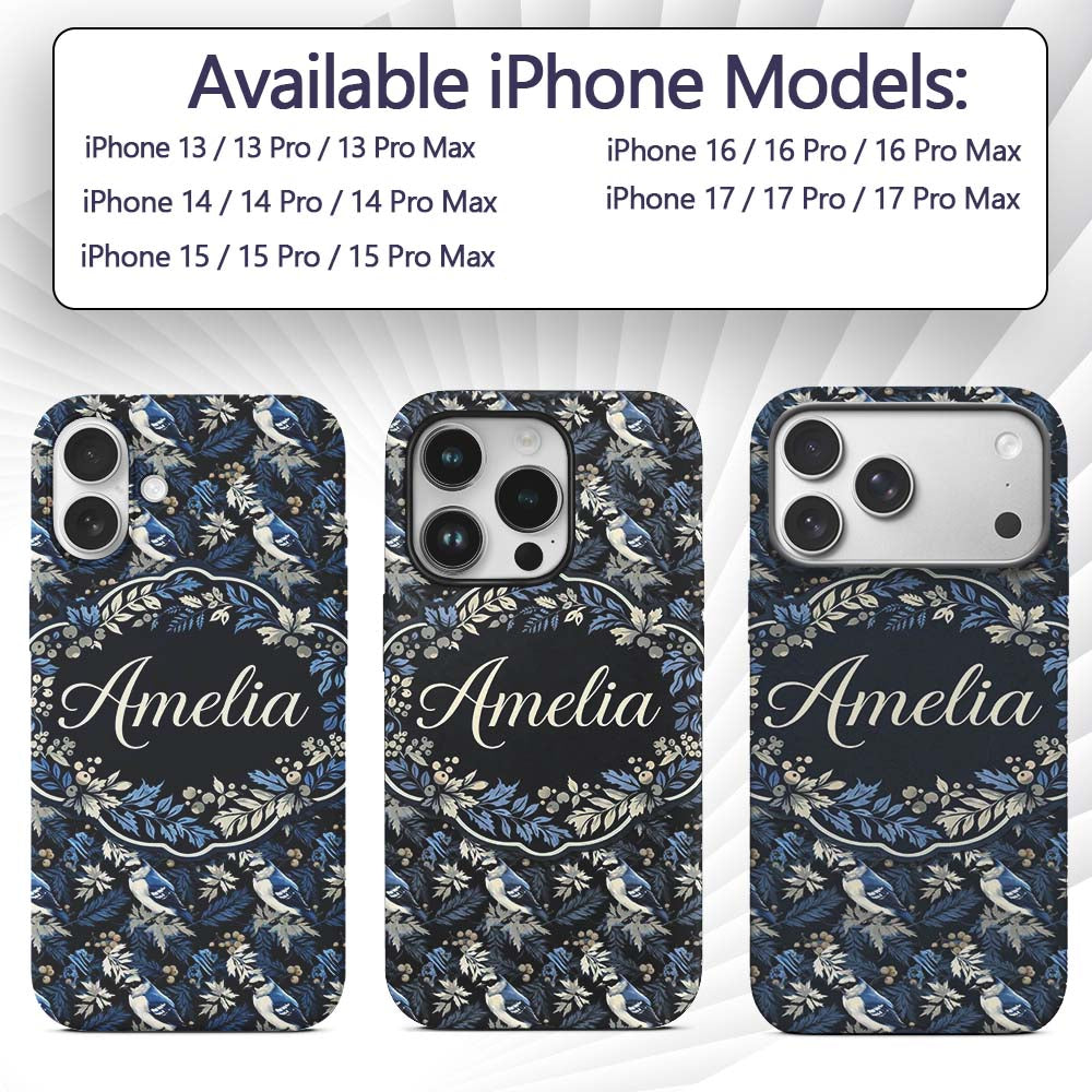 Blue Jay Bird Dark Botanical Decorative Design Custom Name Protective Phone Case Mobile Cover Durable Everyday Smartphone Shock Resistant