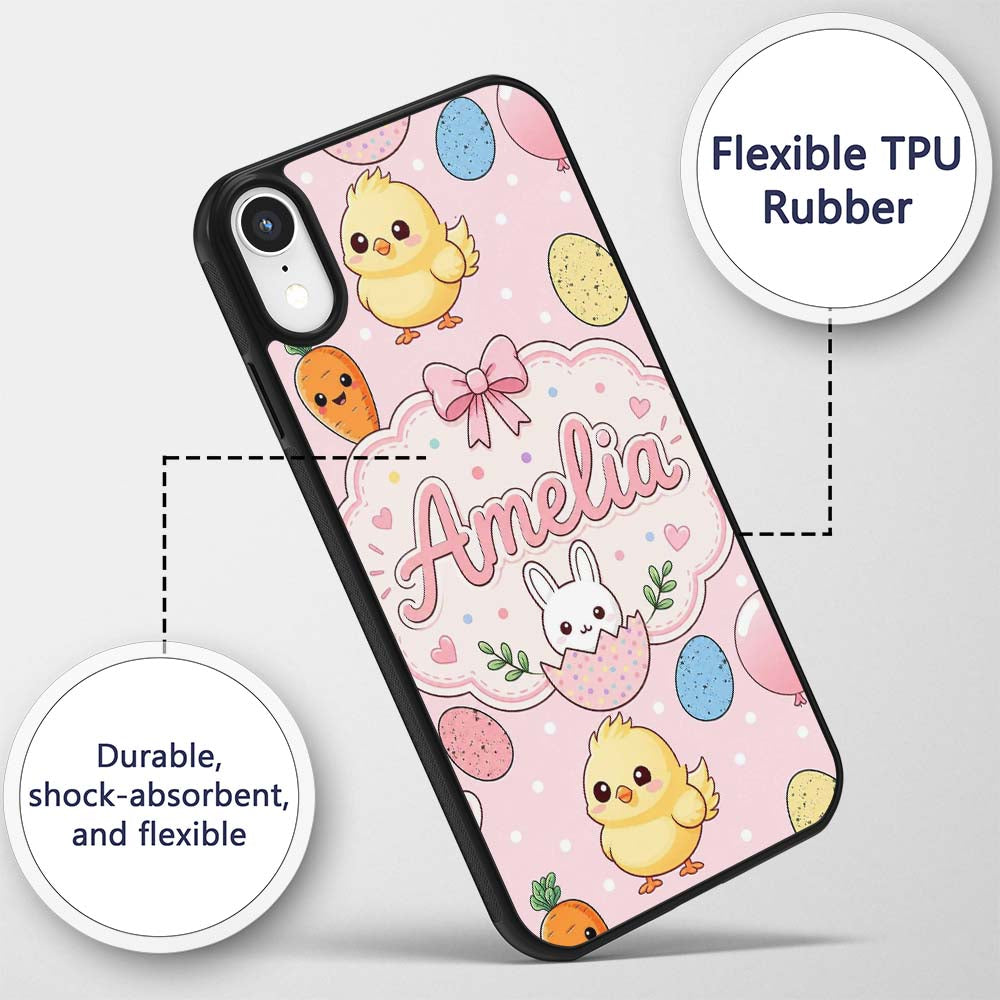 Cute Easter Bunny Chick Carrots Eggs Polka Dot Custom Name Protective Phone Case Mobile Cover Durable Everyday Smartphone Shock Resistant