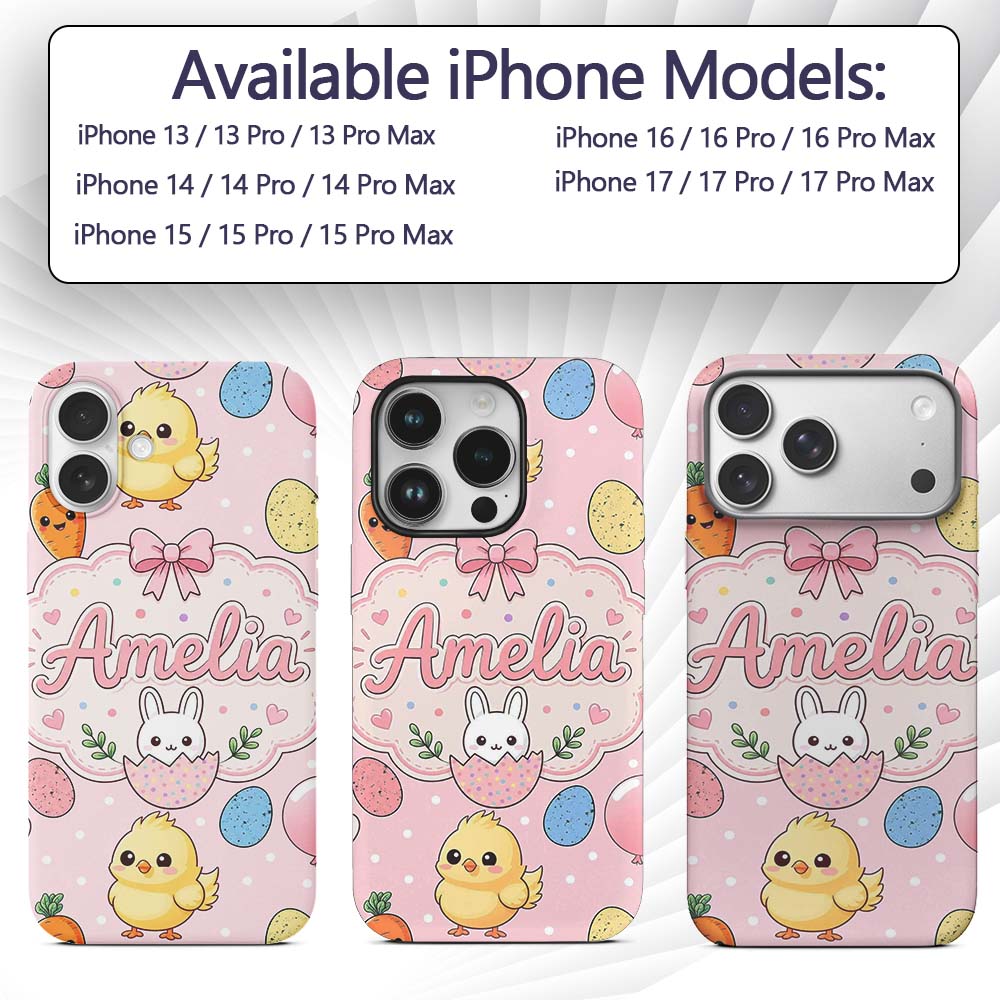 Cute Easter Bunny Chick Carrots Eggs Polka Dot Custom Name Protective Phone Case Mobile Cover Durable Everyday Smartphone Shock Resistant