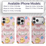 Cute Easter Bunny Chick Carrots Eggs Polka Dot Custom Name Protective Phone Case Mobile Cover Durable Everyday Smartphone Shock Resistant