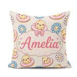 Custom Name Cute Baby Chick Donut Flowers Seamless Pattern Cream Square Filled Cushion Throw Pillow Sofa Bed Home Decor Zip Washable UK Made