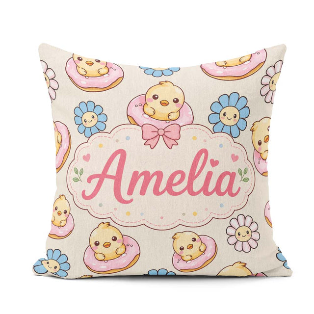 Custom Name Cute Baby Chick Donut Flowers Seamless Pattern Cream Square Filled Cushion Throw Pillow Sofa Bed Home Decor Zip Washable UK Made