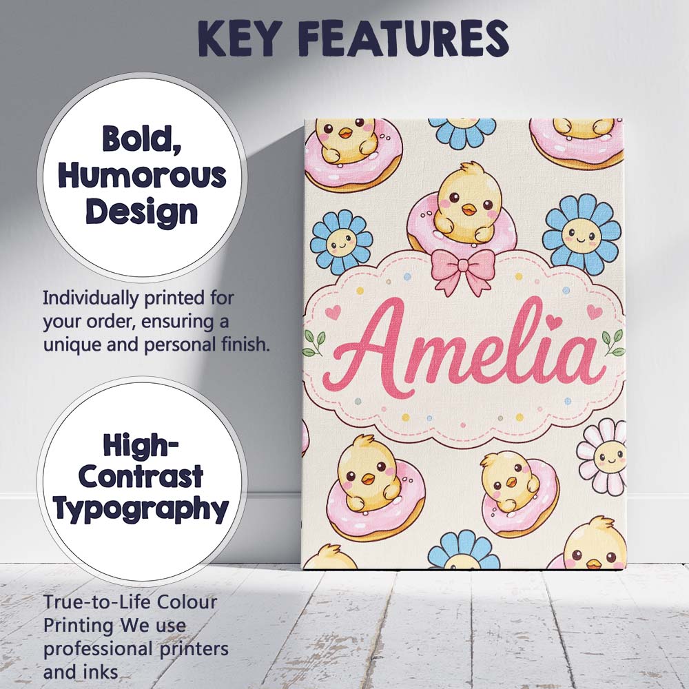 Personalised Name Cute Baby Chick Donut Custom  Modern Room Accent Elegant Feature Canvas Wall Art Print Decor Picture Ready to Hang