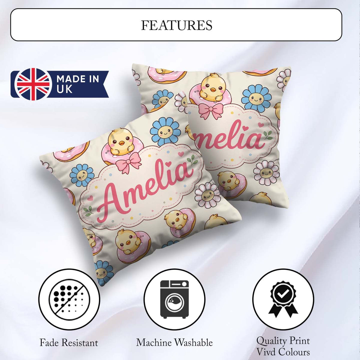 Custom Name Cute Baby Chick Donut Flowers Seamless Pattern Cream Square Filled Cushion Throw Pillow Sofa Bed Home Decor Zip Washable UK Made