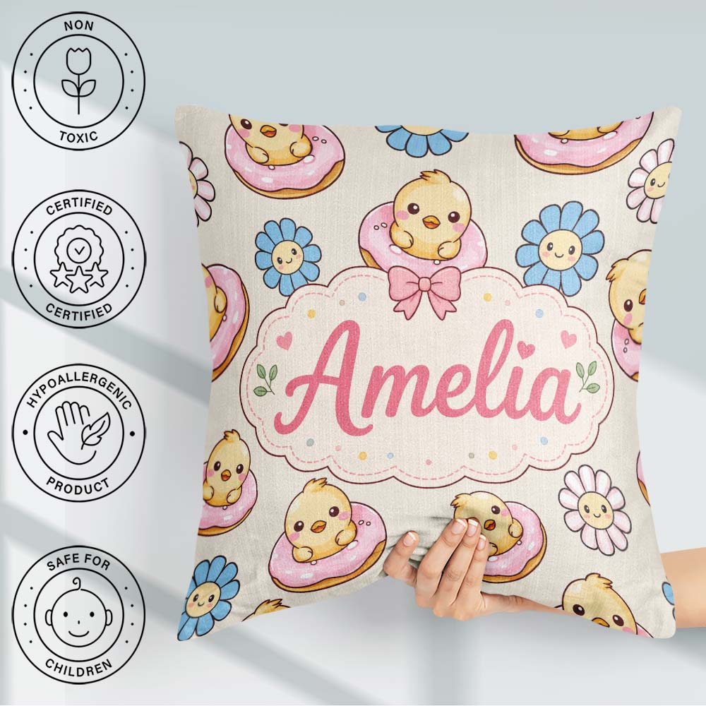 Custom Name Cute Baby Chick Donut Flowers Seamless Pattern Cream Square Filled Cushion Throw Pillow Sofa Bed Home Decor Zip Washable UK Made