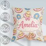 Custom Name Cute Baby Chick Donut Flowers Seamless Pattern Cream Square Filled Cushion Throw Pillow Sofa Bed Home Decor Zip Washable UK Made