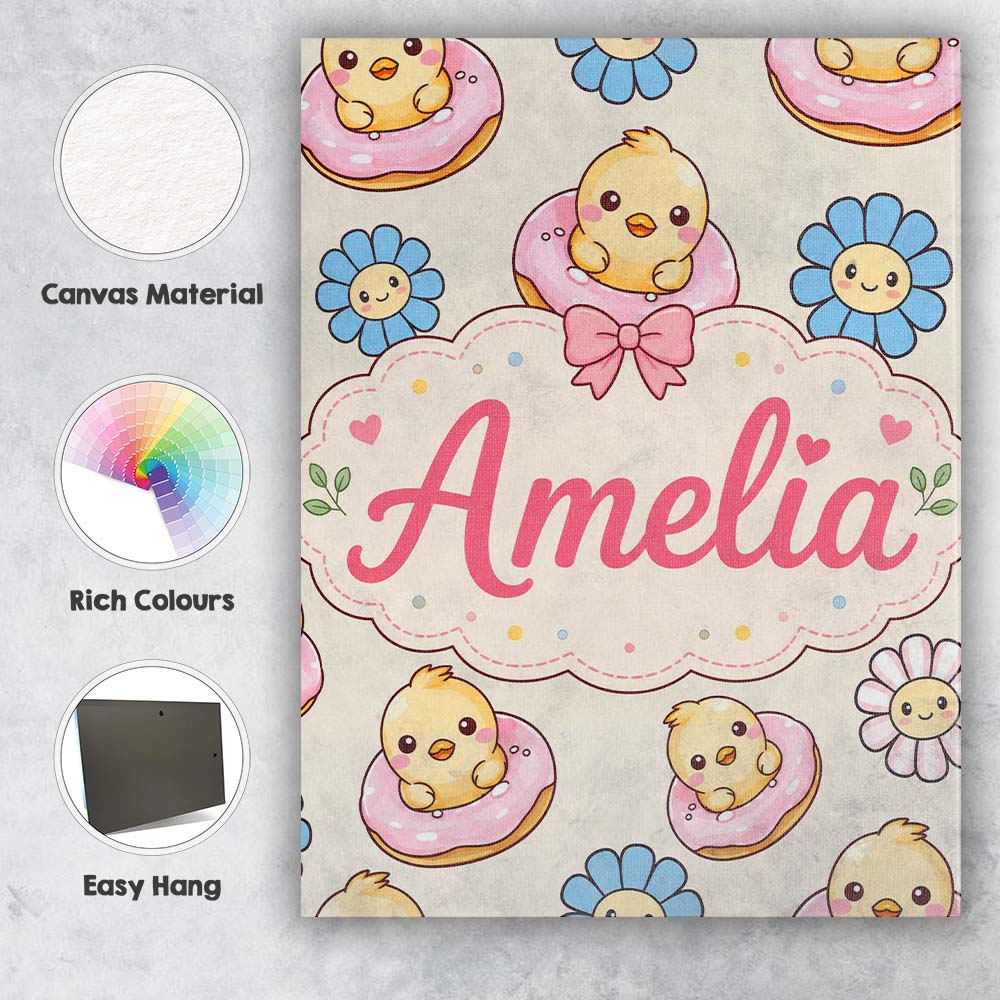 Personalised Name Cute Baby Chick Donut Custom  Modern Room Accent Elegant Feature Canvas Wall Art Print Decor Picture Ready to Hang