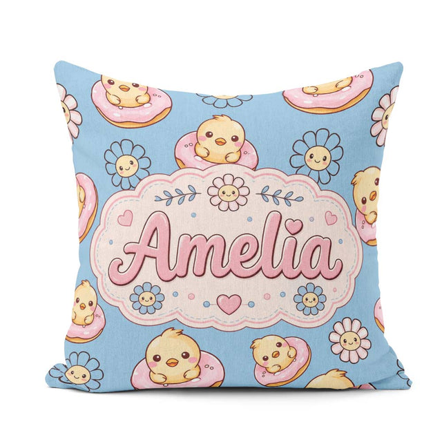 Custom Name Cute Baby Chick Donut Flowers Seamless Pattern Blue Square Filled Cushion Throw Pillow Sofa Bed Home Decor Zip Washable UK Made