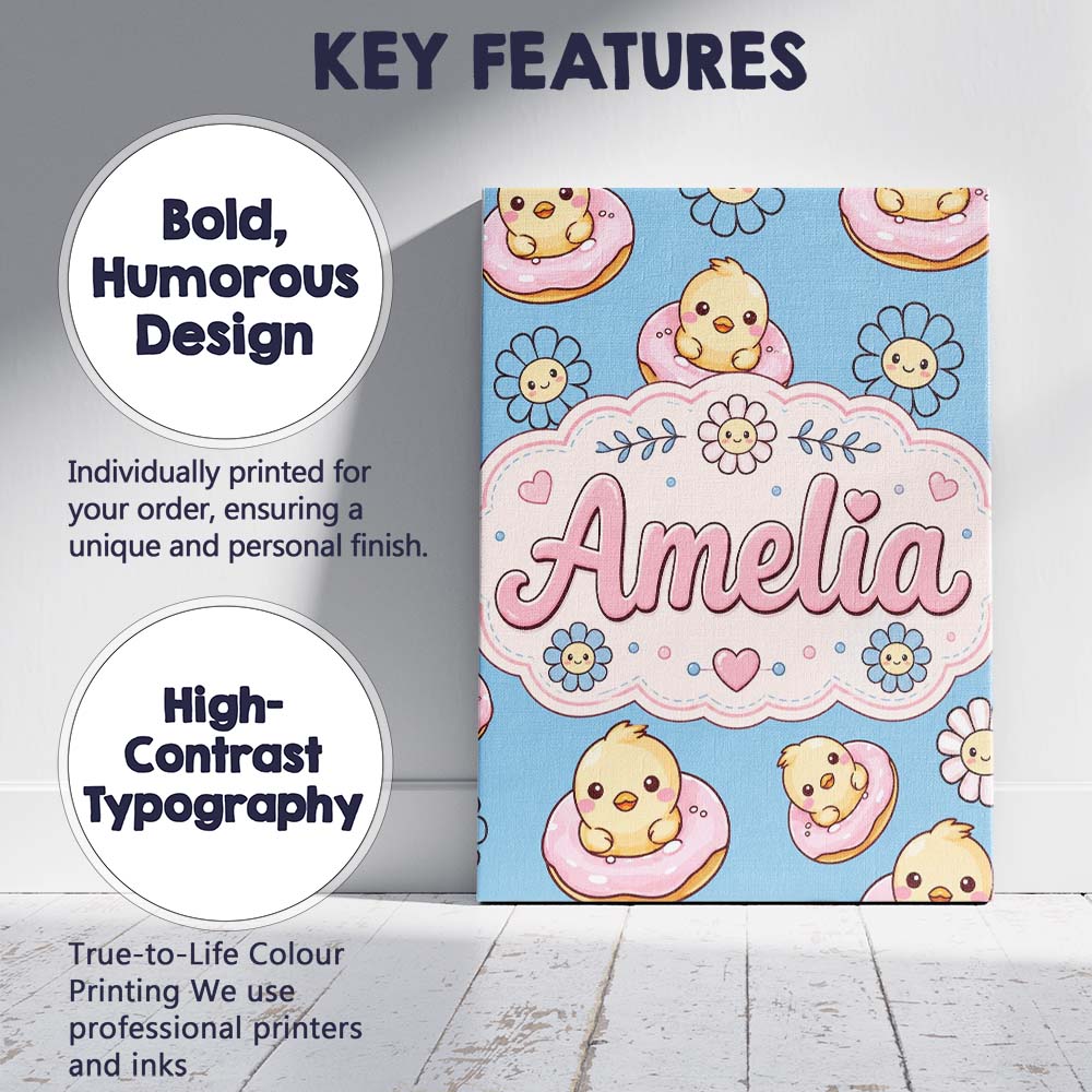 Personalised Name Cute Baby Chick Donut Custom  Modern Room Accent Elegant Feature Canvas Wall Art Print Decor Picture Ready to Hang